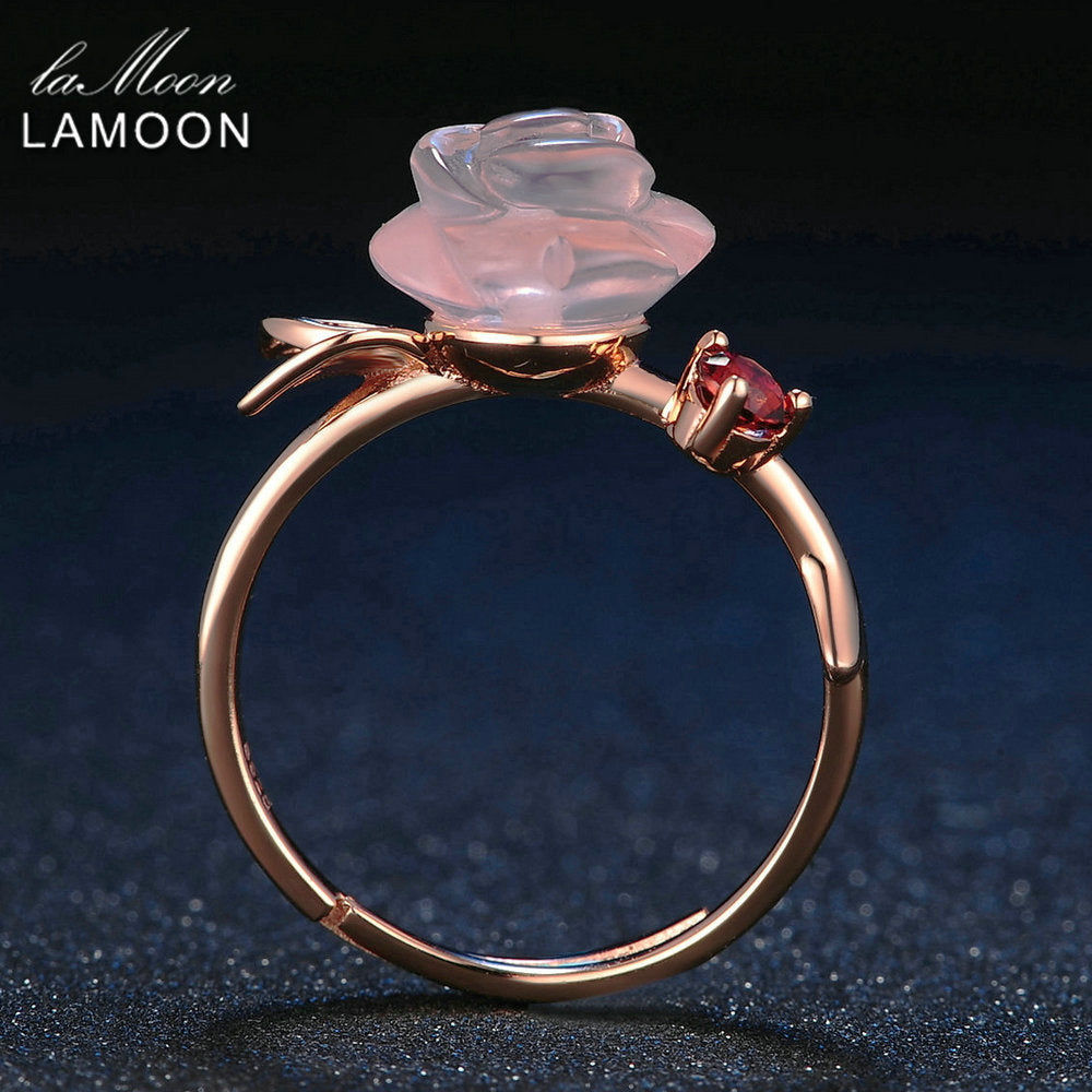 LAMOON 925 Sterling Silver Ring For Women Rose Quartz Gemstone Rose Flower 18K Rose Gold Plate Adjustable Ring  Jewelry LMRI025