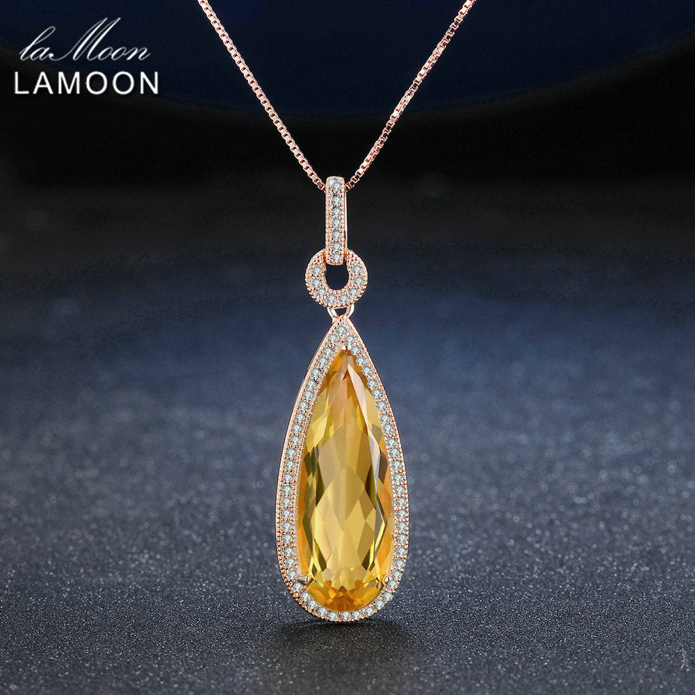 Lamoon Luxury Natural TearDrop Citrine 925 Sterling Silver Chain Pendant Necklace Women Jewelry  S925 LMNI042