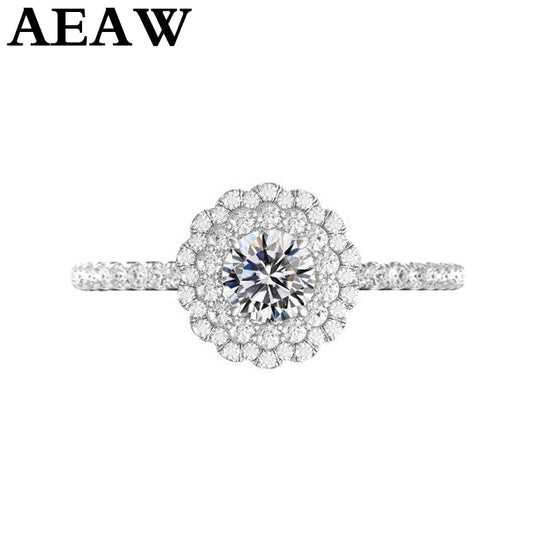 AEAW 14K White Gold Halo Moissanite Ring 1.3ctw Round Cut Brilliant Moissanite Engagement Ring for Women