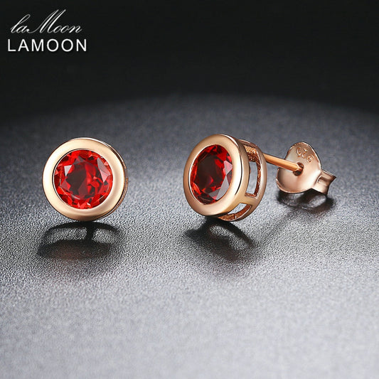 Lamoon Classic 5mm 1ct 100% Round Natural Red Garnet 925 Sterling Silver Jewelry   Stud Earrings S925 LMEI016