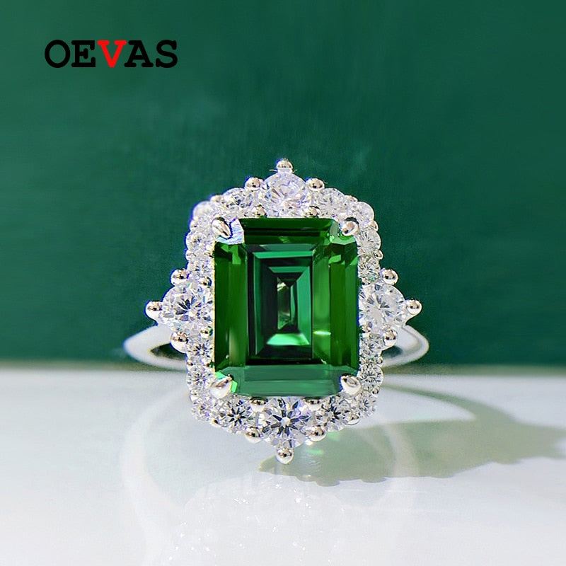 OEVAS 100% 925 Sterling Silver 8*10mm Square Emerald High Carbon Diamond Rings For Women Sparkling Wedding Party Fine Jewerly