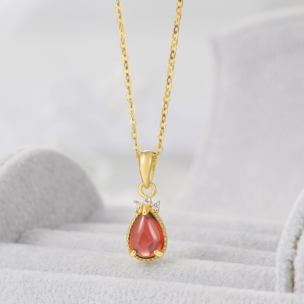 LAMOON Lovely Goldfish Pendant Necklace For Women Natural Waterdrop Garnet Gemstone 925 Silver 14K Gold Plated Jewelry LMNI123