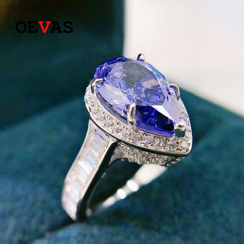 OEVAS 100% 925 Sterling Silver 8*13mm Tanzanite Blue High Carbon Diamond Rings For Women Sparkling Wedding Party Fine Jewelry