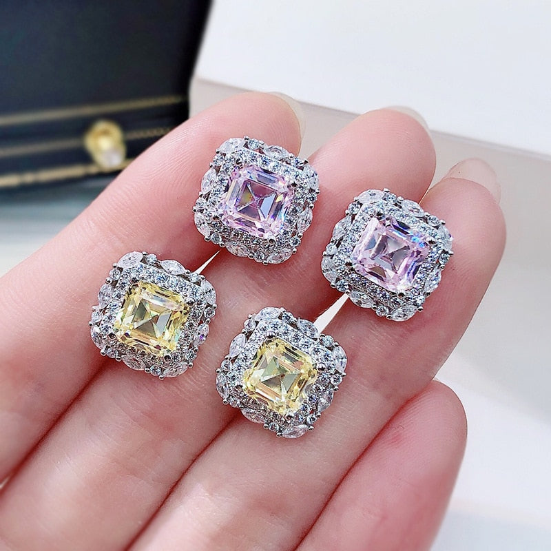 OEVAS Sterling Sparkling 100% 925 Silver 7*7mm High Carbon Diamond Earring For Women Party Birthday Stone Jewelry Dropship