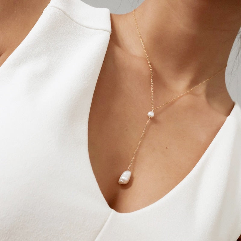 Baroque Pearl Pendant Silver Y Necklace Handmade 14K Gold Filled Choker Boho Collier Femme Kolye Collares Women Jewelry Necklace