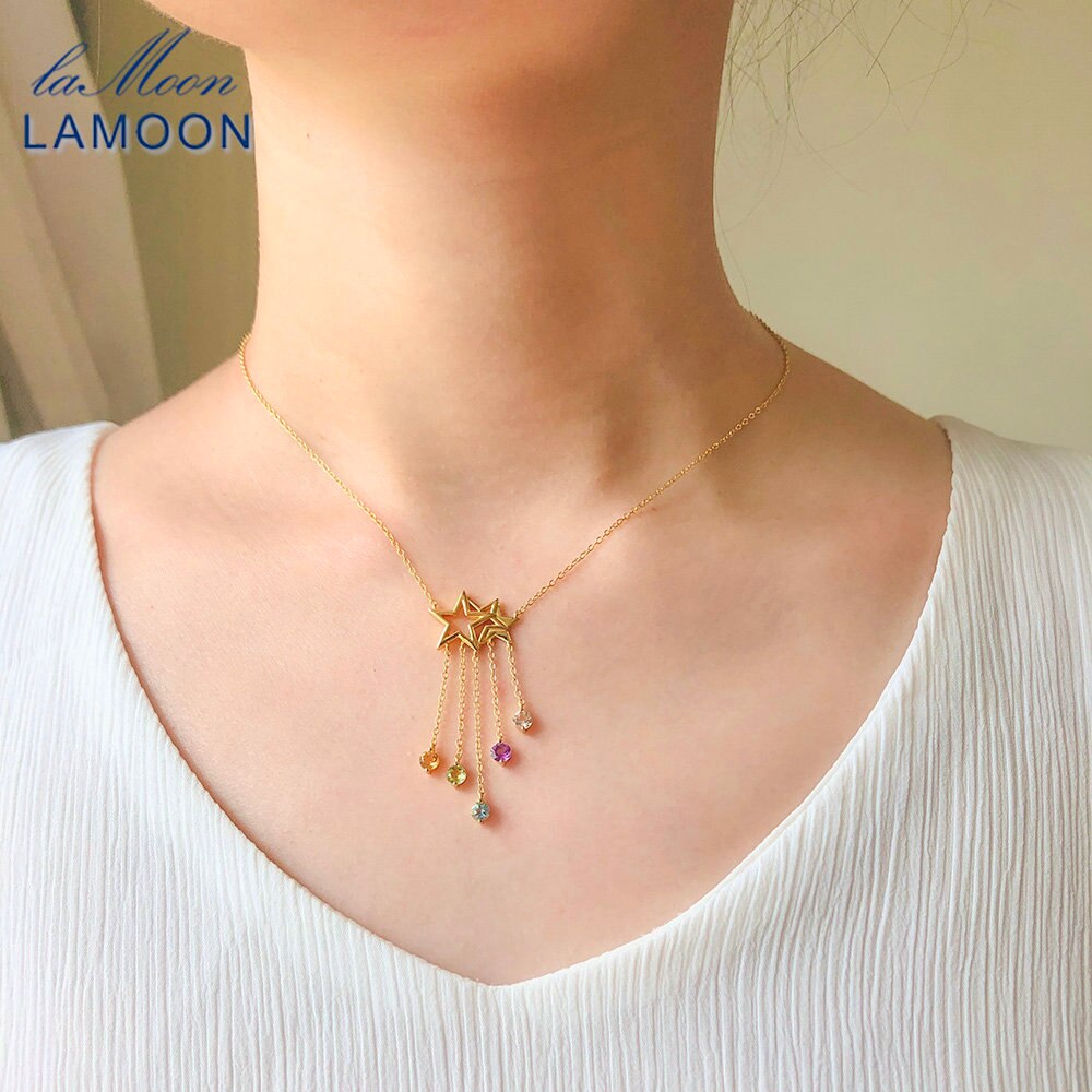 LAMOON 925 Sterling Silver NecklaceStar Tassel Shooting Star Gemstone Pendant 14K Gold Plated Fine Jewelry For Women LMNI098