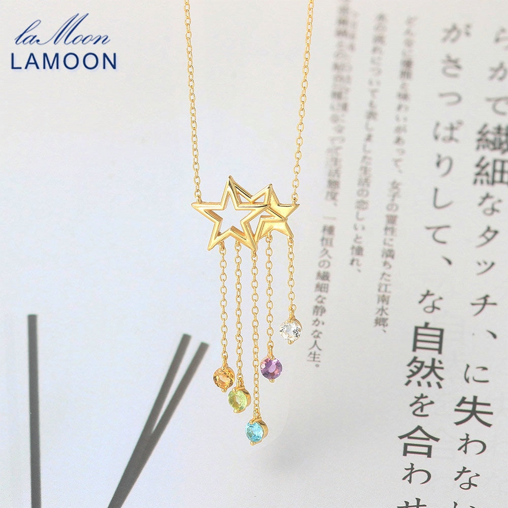 LAMOON 925 Sterling Silver NecklaceStar Tassel Shooting Star Gemstone Pendant 14K Gold Plated Fine Jewelry For Women LMNI098