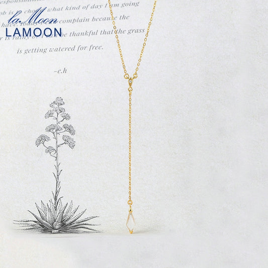 LAMOON Vintage 925 Silver Necklace For Women Diamond Natural White Crystal Long Pendant 14K Gold Plated Fine Jewerly LMNI112