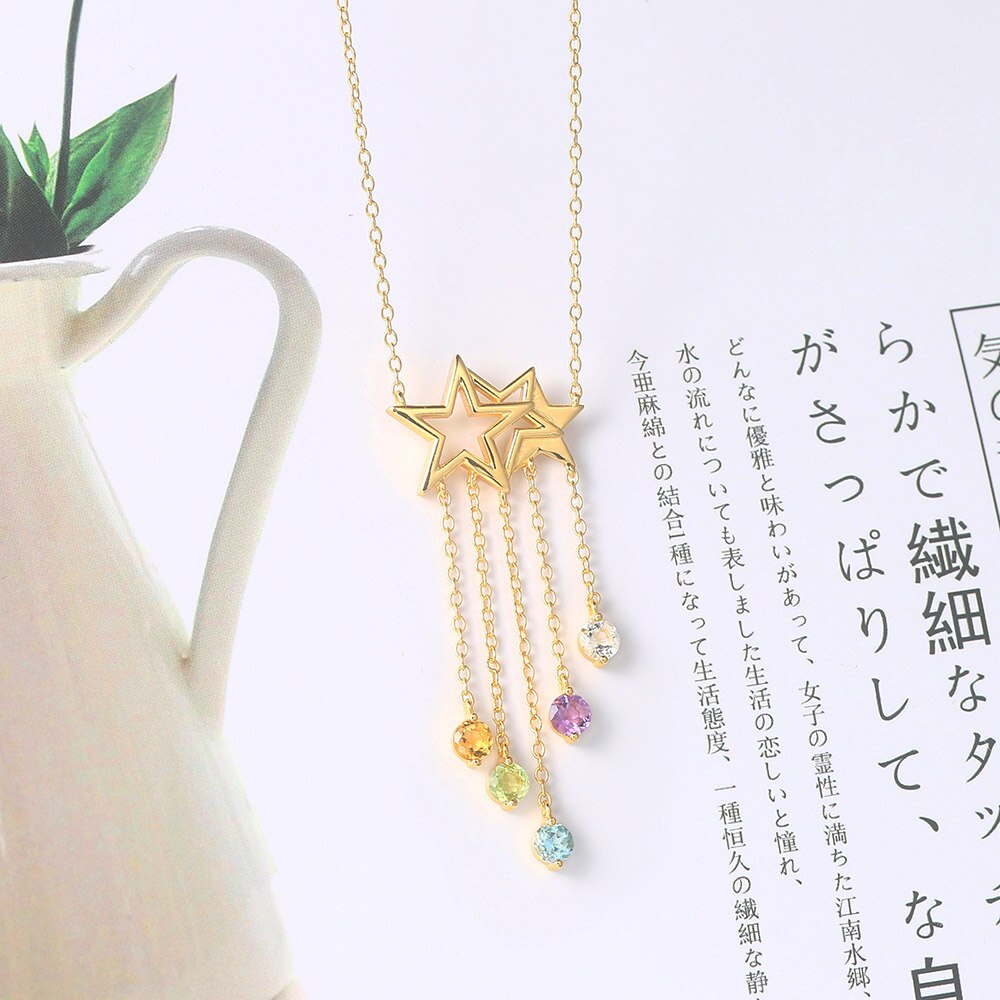 LAMOON 925 Sterling Silver NecklaceStar Tassel Shooting Star Gemstone Pendant 14K Gold Plated Fine Jewelry For Women LMNI098