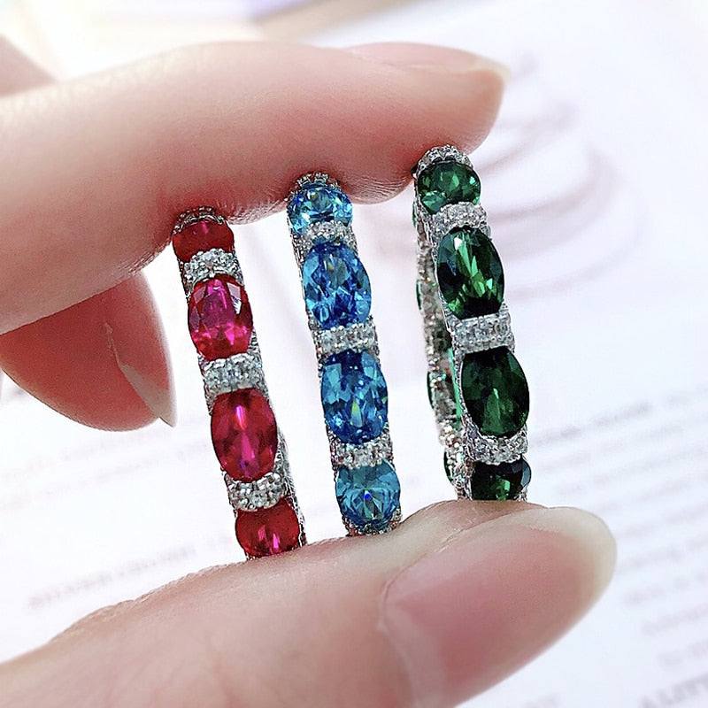 OEVAS 100% 925 Sterling Silver Sparkling Full High Carbon Diamond Synthetic Ruby Aquamarine Emerald Rings For Women Fine Jewelry