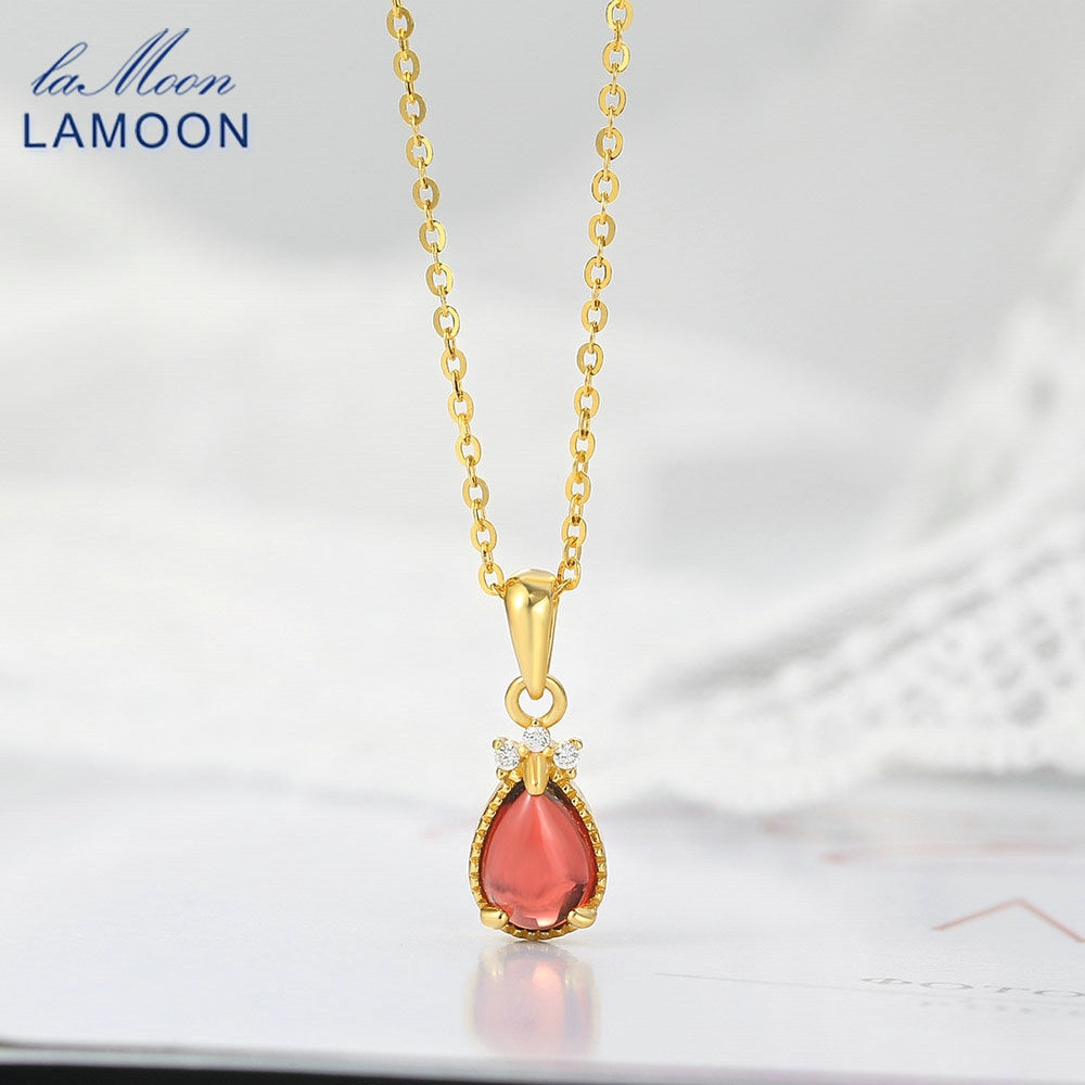 LAMOON Lovely Goldfish Pendant Necklace For Women Natural Waterdrop Garnet Gemstone 925 Silver 14K Gold Plated Jewelry LMNI123