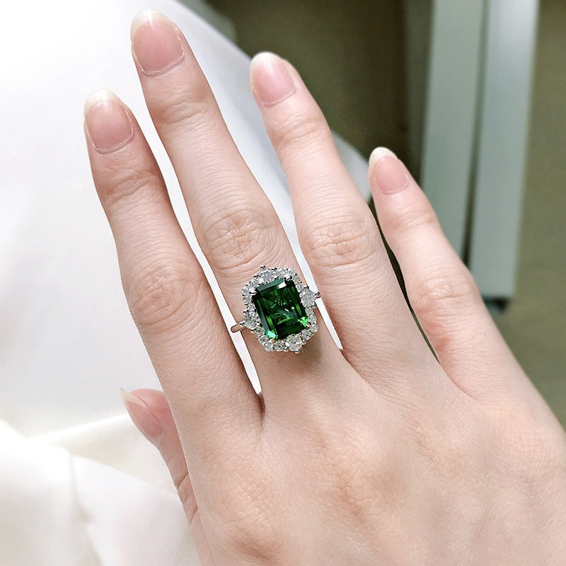 OEVAS 100% 925 Sterling Silver 8*10mm Square Emerald High Carbon Diamond Rings For Women Sparkling Wedding Party Fine Jewerly