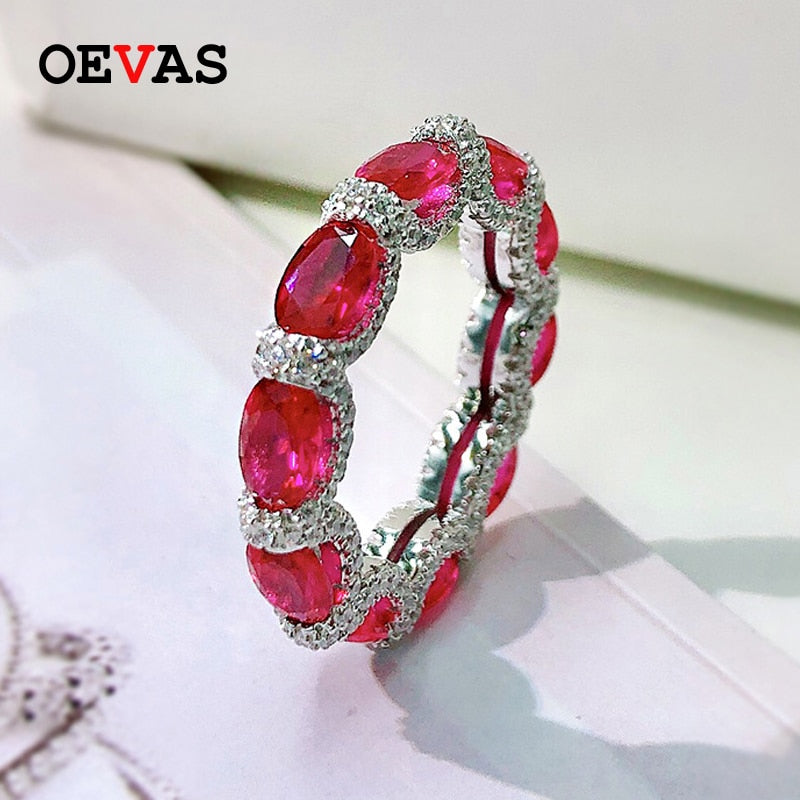 OEVAS 100% 925 Sterling Silver Sparkling Full High Carbon Diamond Synthetic Ruby Aquamarine Emerald Rings For Women Fine Jewelry