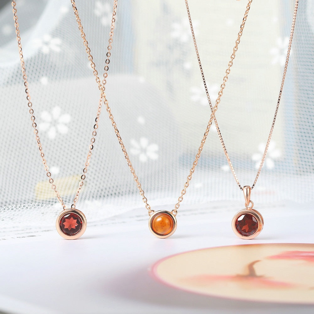 LAMOON 925 Silver Necklace For Women Natural Garnet Lucky Stone Pendant 14K Rose Gold Plated Fine Jewelry Simple Style LMNI002