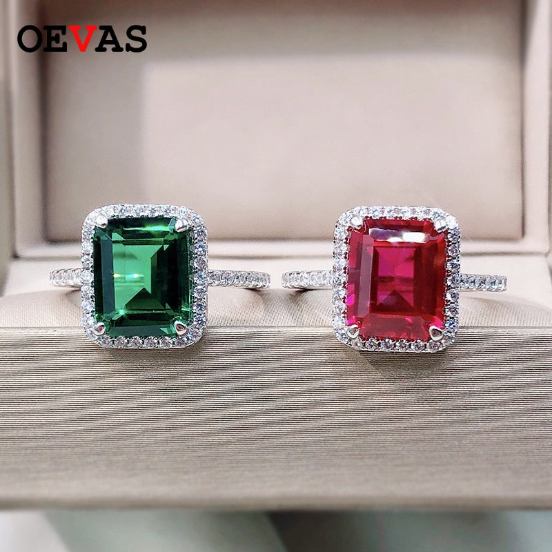 OEVAS 100% 925 Sterling Silver 8*10mm Emerald Wedding Rings For Women Sparkling High Carbon Diamond Party Fine Jewelry Wholesale