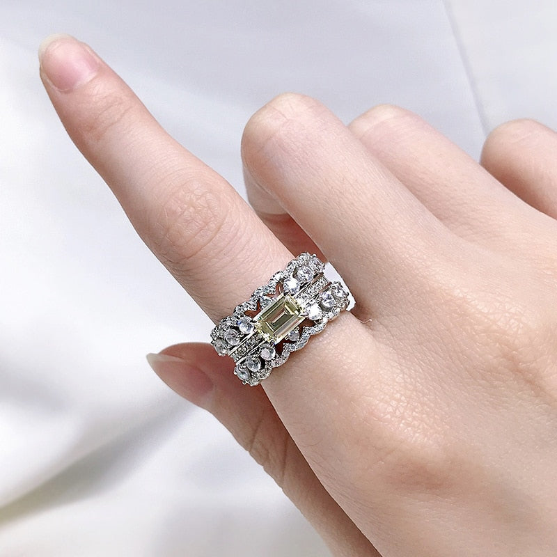 OEVAS 100% 925 Sterling Silver Yellow High Carbon Diamond Rings For Women Sparkling Wedding Party Fine Jewelry Wholesale Gift