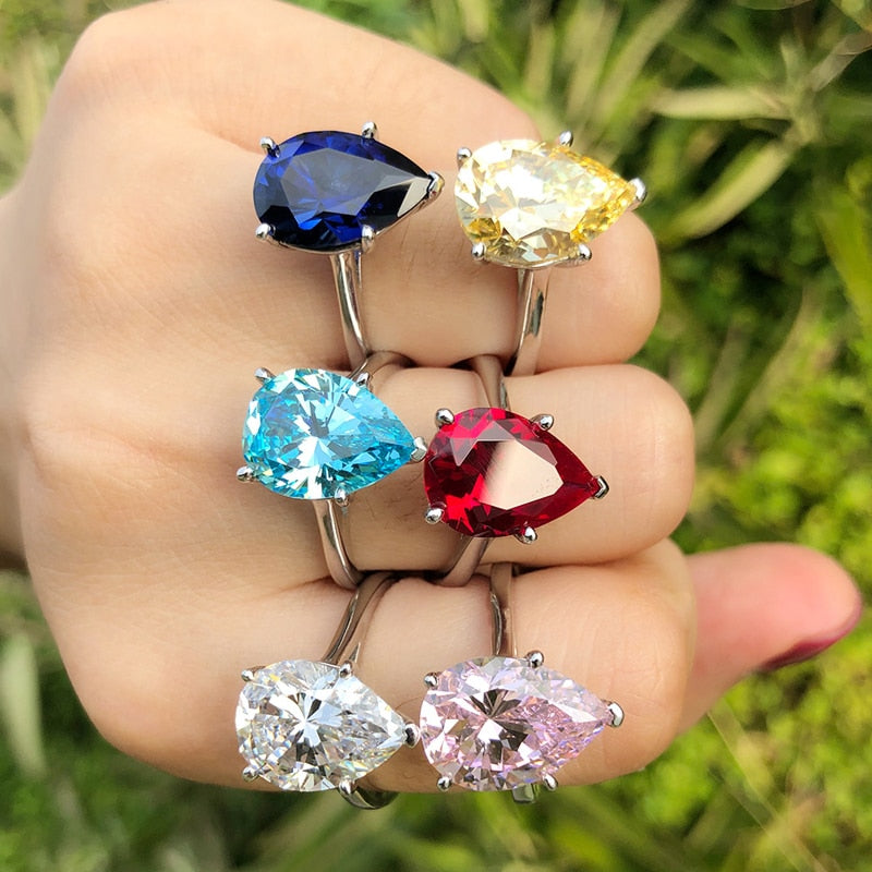 OEVAS Luxury 10*14mm Water drop 5A Zircon wedding rings for women Top quality 925 Sterling silver Colorful Birthstone ring Bague