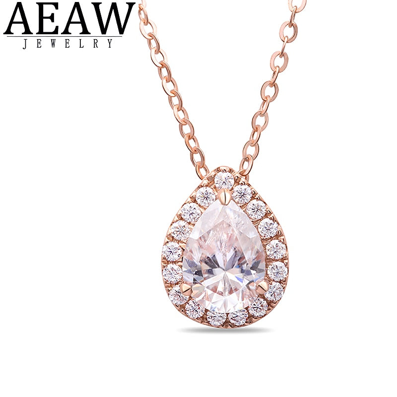 DF Color VVS1 Moissanite Necklace,1 carat 5x7mm Pear Cut Classic Style Solid 18k Rose Gold Fine Pendant Neckllace for Lady