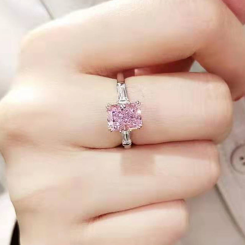 OEVAS 100% 925 Sterling Silver 2 Carats Pink High Carbon Diamond Rings For Women Sparkling Wedding Party Bridal Fine Jewelry