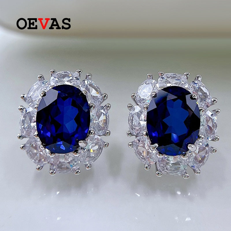 OEVAS 100% 925 Sterling Silver 7*9mm Sapphire High Carbon Diamond Stud Earrings For Women Sparkling Wedding Party Fine Jewelry