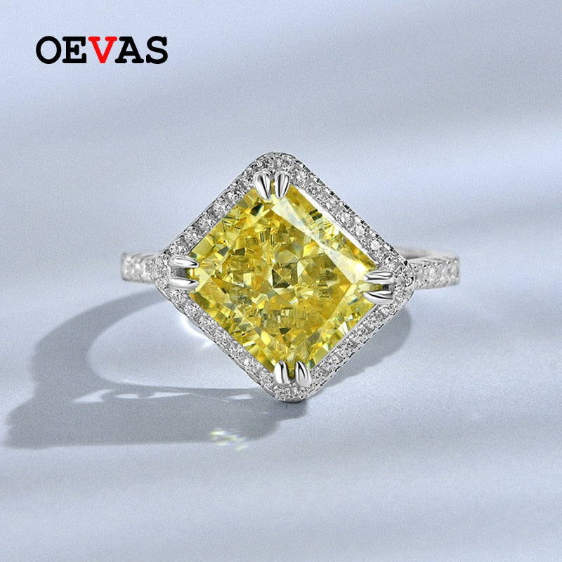 OEVAS 100% 925 Sterling Silver 9*10mm Yellow Pink High Carbon Diamond Rings For Women Sparkling Wedding Party Fine Jewelry Gifts