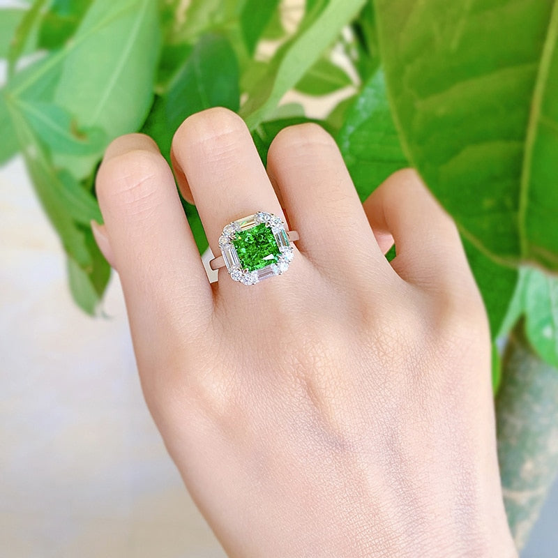 OEVAS 100% 925 Sterling Silver 4 Carat Emerald Green High Carbon Diamond Rings For Women Sparkling Wed Party Fine Jewelry Gifts