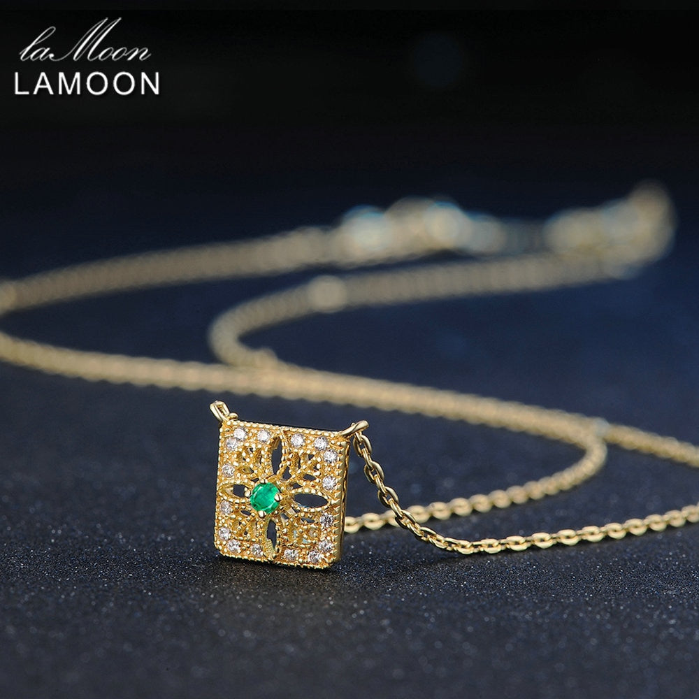 LAMOON Natural Gemstone Emerald Necalace For Women Vintage Luxury Pendant 925 Sterling Silver Gold Vermei Chain Jewelry NI018