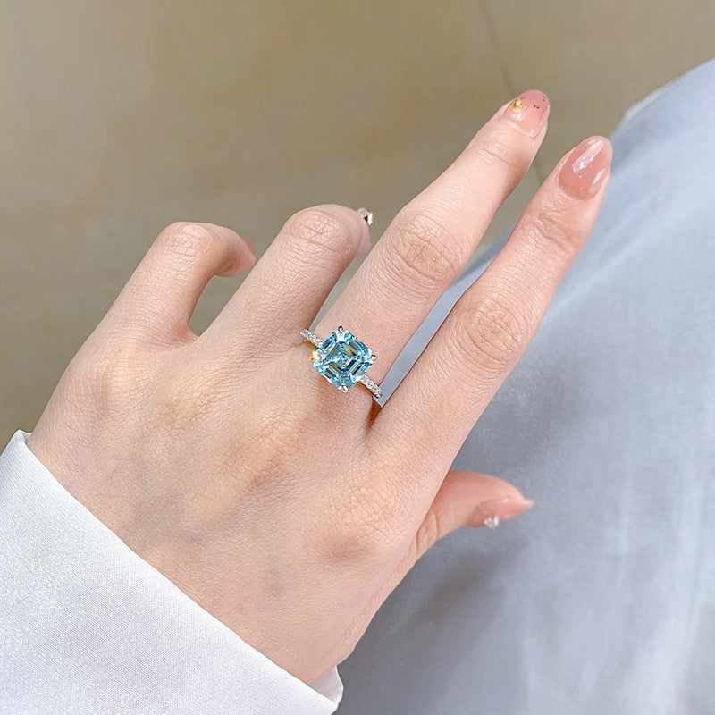 OEVAS 100% 925 Sterling Silver 9*9mm Aquamarine High Carbon Diamond Rings For Women Sparkling Wedding Party Fine Jewelry Gifts