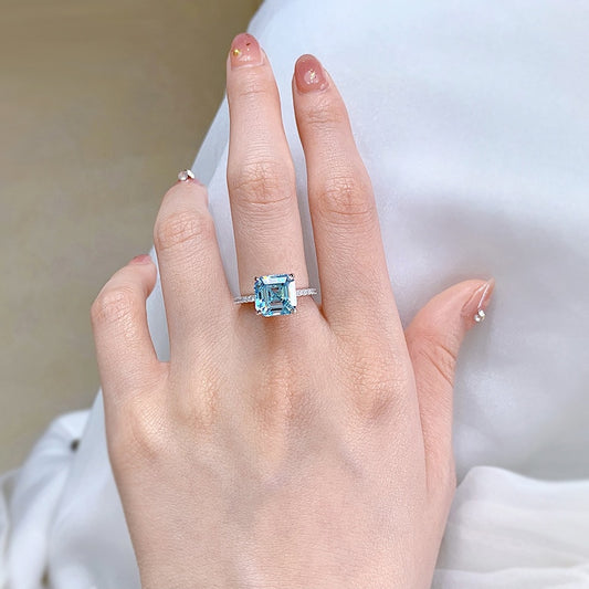 OEVAS 100% 925 Sterling Silver 9*9mm Aquamarine High Carbon Diamond Rings For Women Sparkling Wedding Party Fine Jewelry Gifts