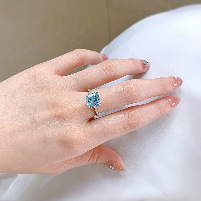 OEVAS 100% 925 Sterling Silver 9*9mm Aquamarine High Carbon Diamond Rings For Women Sparkling Wedding Party Fine Jewelry Gifts