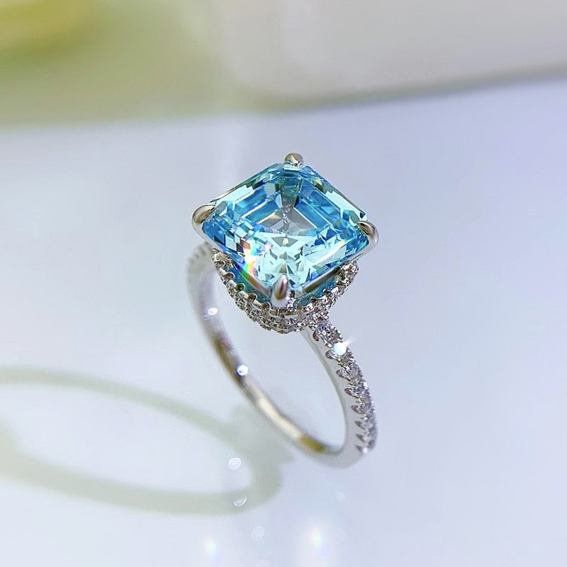 OEVAS 100% 925 Sterling Silver 9*9mm Aquamarine High Carbon Diamond Rings For Women Sparkling Wedding Party Fine Jewelry Gifts