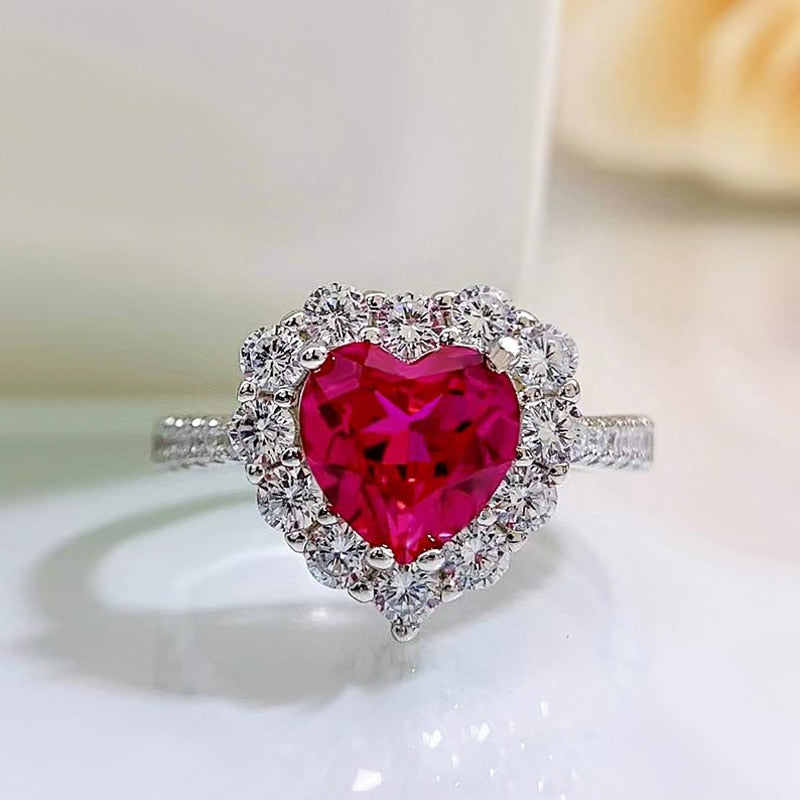 OEVAS 100% 925 Sterling Silver 8*8mm Ruby Emerald Heart High Carbon Diamond Rings For Women Sparkling Wedding Fine Jewelry Gifts