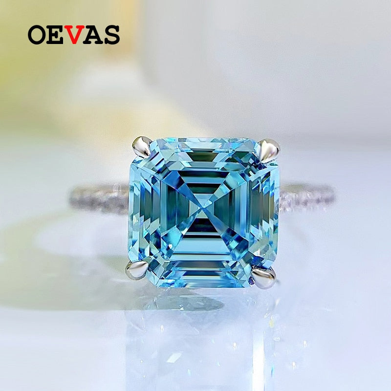 OEVAS 100% 925 Sterling Silver 9*9mm Aquamarine High Carbon Diamond Rings For Women Sparkling Wedding Party Fine Jewelry Gifts