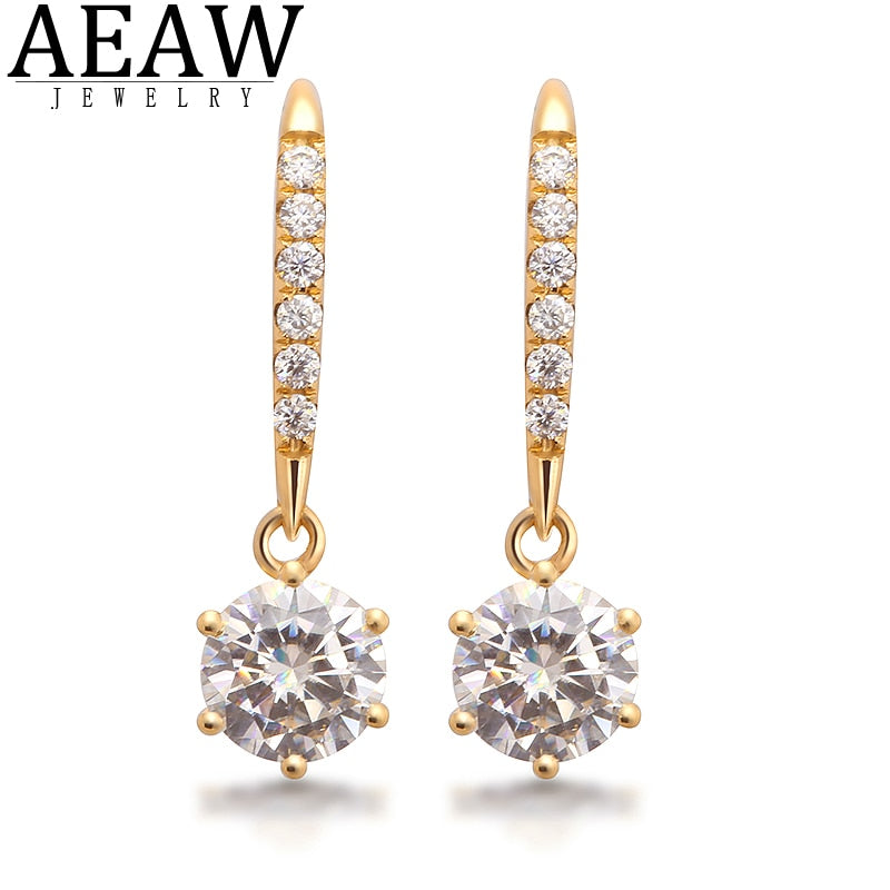 AEAW Yellow Gold 10k 14K 18K 2ctw 6.5mm Moissanite Round Gemstone Drop Earrings for Women Solitaire Party Wedding Fine Jewelry