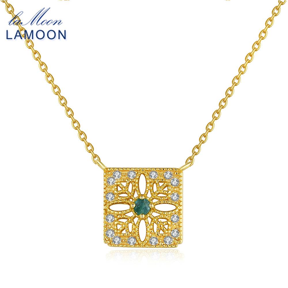 LAMOON Natural Gemstone Emerald Necalace For Women Vintage Luxury Pendant 925 Sterling Silver Gold Vermei Chain Jewelry NI018