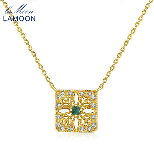 LAMOON Natural Gemstone Emerald Necalace For Women Vintage Luxury Pendant 925 Sterling Silver Gold Vermei Chain Jewelry NI018