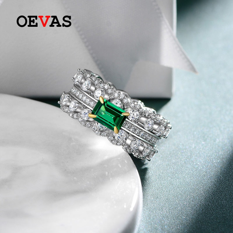 OEVAS 100% 925 Sterling Silver Sparkling Full High Carbon Diamond Emerald Finger Rings For Women Wedding Party Fine Jewelry Gift