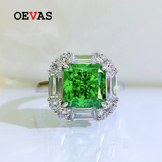 OEVAS 100% 925 Sterling Silver 4 Carat Emerald Green High Carbon Diamond Rings For Women Sparkling Wed Party Fine Jewelry Gifts