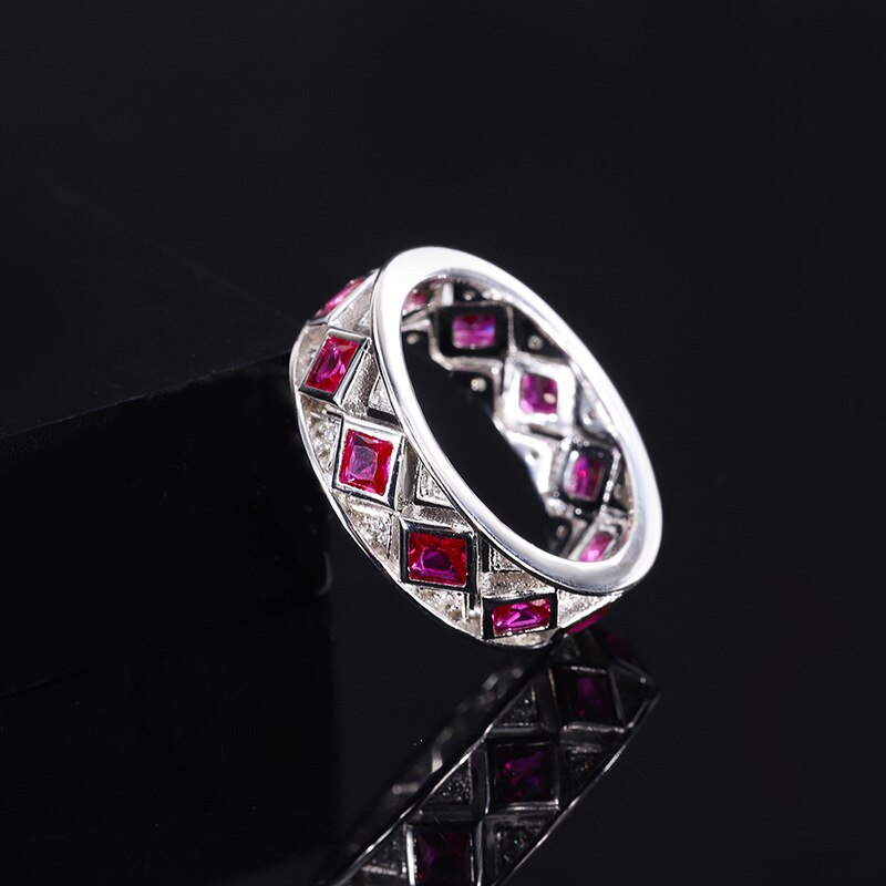 OEVAS 100% 925 Sterling Silver Full Ruby High Carbon Diamond Row Rings For Women Sparkling Wedding Party Fine Jewelry Wholesale