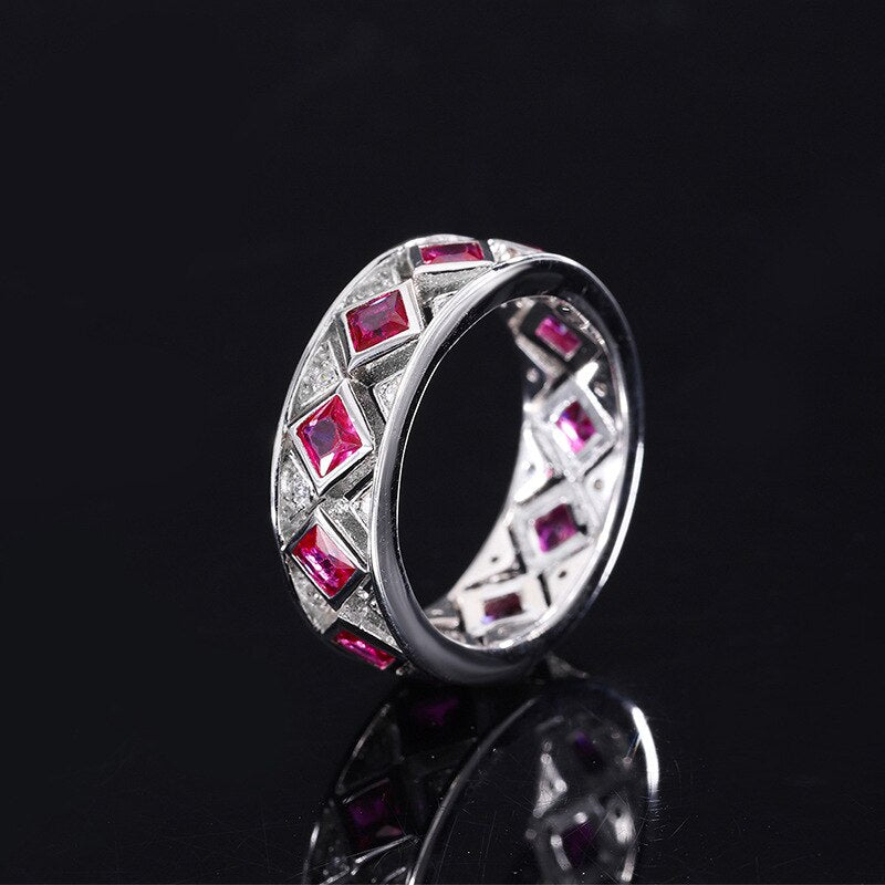 OEVAS 100% 925 Sterling Silver Full Ruby High Carbon Diamond Row Rings For Women Sparkling Wedding Party Fine Jewelry Wholesale