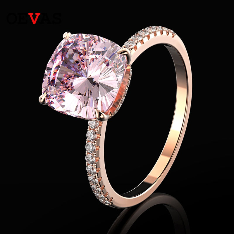 OEVAS 100% 925 Sterling Silver 10*10mm Pink High Carbon Diamond Rings For Women Sparkling Wedding Party Fine Jewelry Wholesale