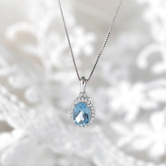 LAMOON Natural Topaz Necklaces For Women Gemstone Pendant Blue Stone 925 Sterling Silver White Gold Plated Wedding Jewelry NI049